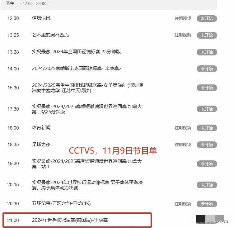 乓球：CCTV5、CCTV5+节目单林诗栋出战！j9九游会真人第一品牌11月9日中央5台直播乒(图5)